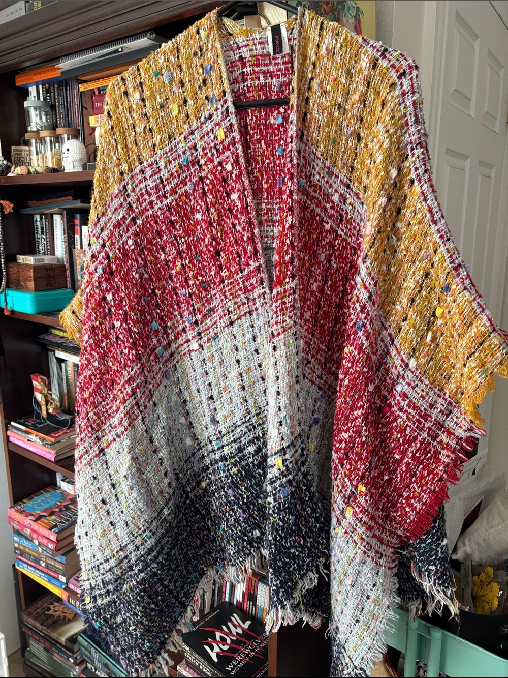 Multi-Color Bouclé Knit Open Front Poncho